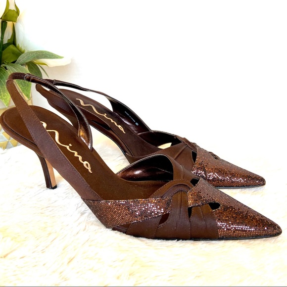 Nina Shoes - NINA Sparkle Brown Heeled Pointed Slingback Sandal